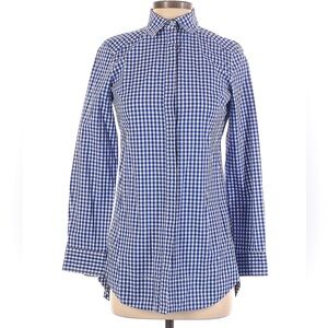Tyler Boe Gingham Blue White Checkered fitted Shirt Top Blouse